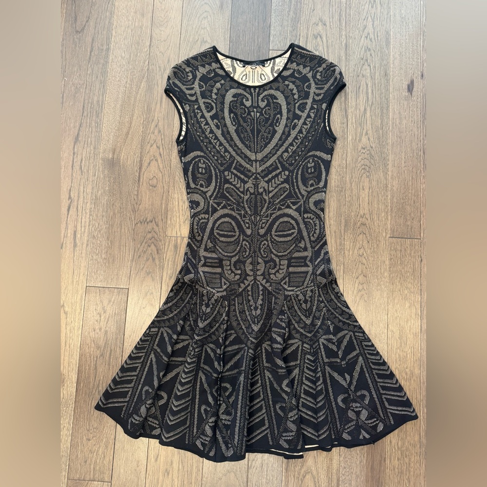 RVN “Night Racer” Black and Beige Patterned Mini Knit/Sweater Dress